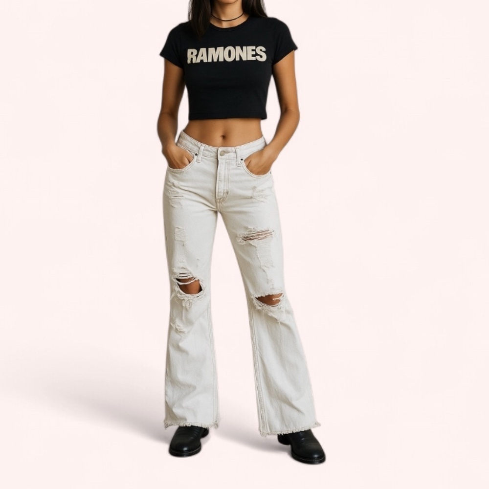 One Teaspoon White Westender Distressed Flare Jeans Low Rise Ripped Barrel Sz 26